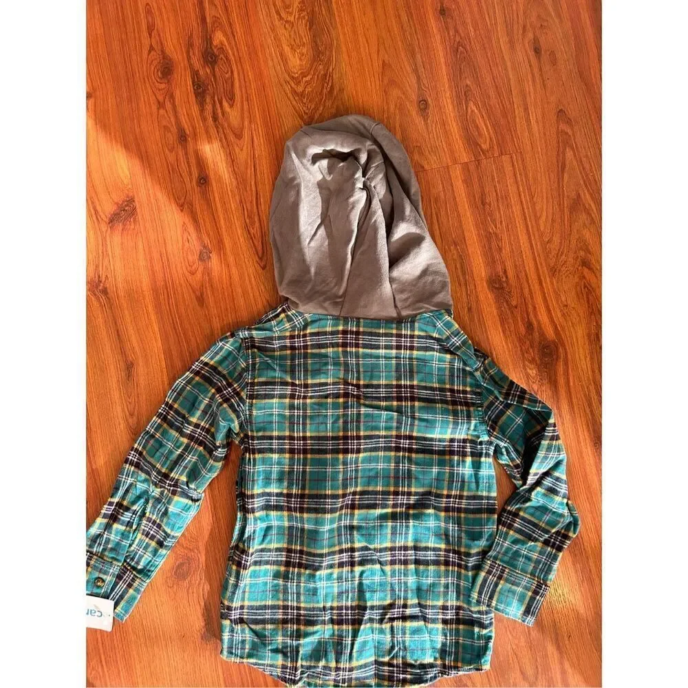 NWT Carters green and gray flannel long sleeve hoodie button-down shirt size 4T